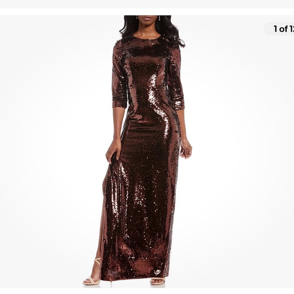 AIDAN MATTOX Sequined Column Dress Gown in Bronze